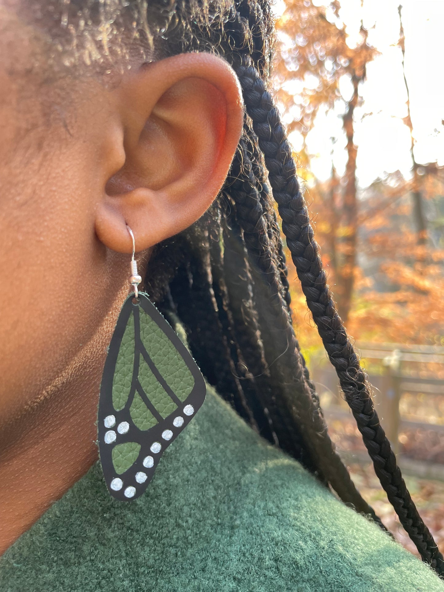 Green Butterfly Leather Earrings